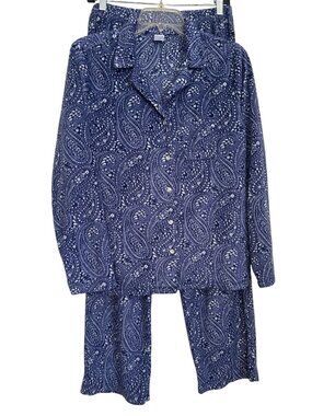 Adonna Womens Paisley Button-Up Pajama Set Medium Blue & White Soft Knit Fabric